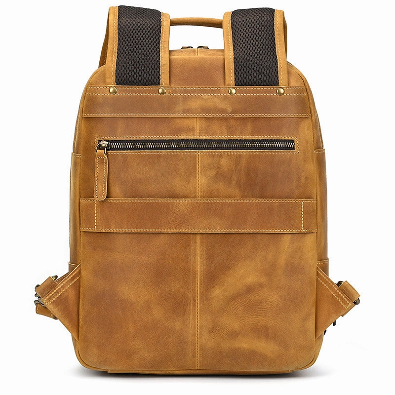 Mens Leather 15???? Laptop Backpack 14L Light Brown Large Leather Backpack for Travel