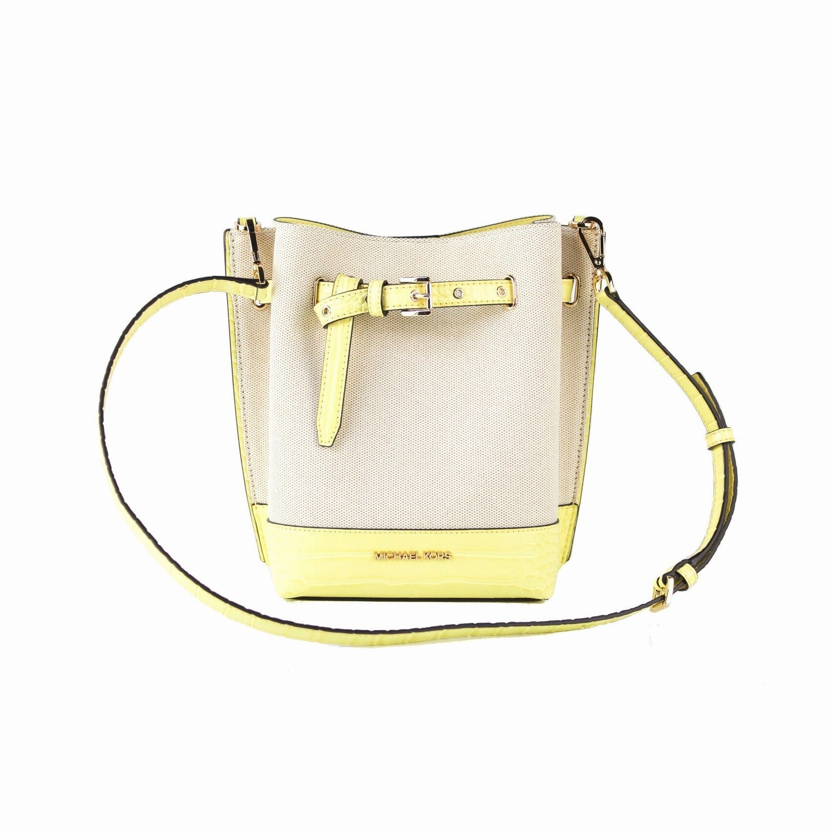 Michael Kors Emilia Small Canvas Snakeskin Print Leather Bucket Bag Messenger Crossbody Handbag Women's (Buttercup)
