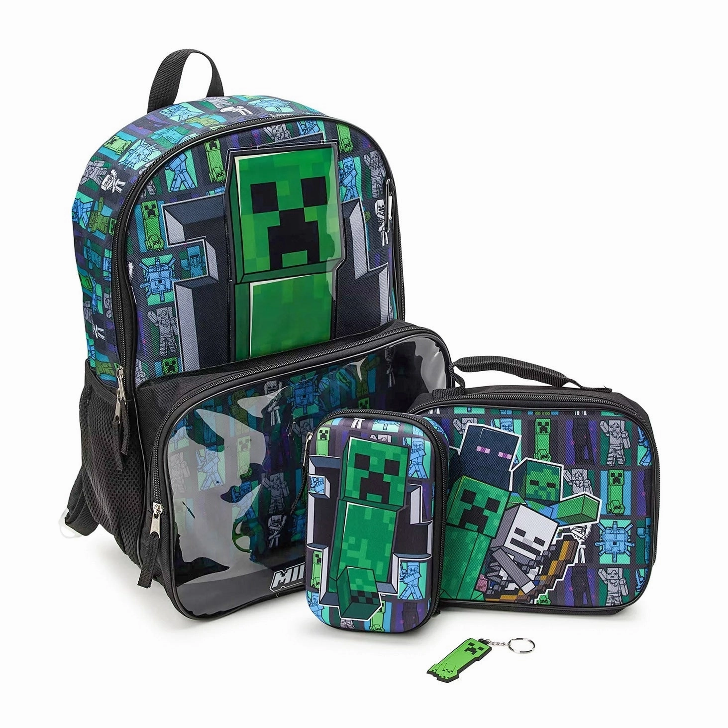 Minecraft Creeper Backpack Set With Clear Pocket Lunch Box Keychain 4 Piece Set - One Size Fits Most