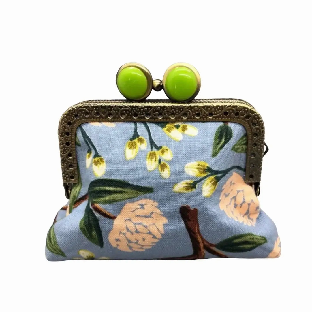 Mini Clutch Coin Purse Peonies Dusty Blue–Lime