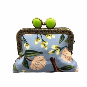 Mini Clutch Coin Purse Peonies Dusty Blue–Lime
