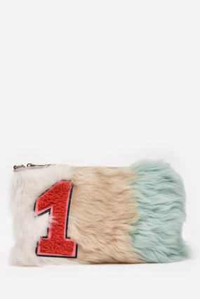 Miu Miu White/Beige/Green Sheep Fur "1" Patch Clutch