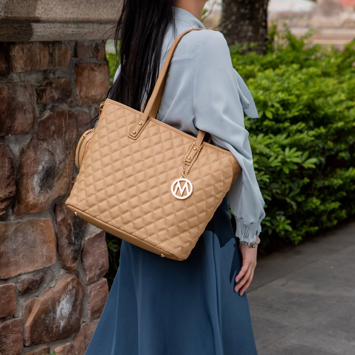 Mkfcollection Tansy Quilted Tote Bag And Coin Purse Set Vegan Leather Designer