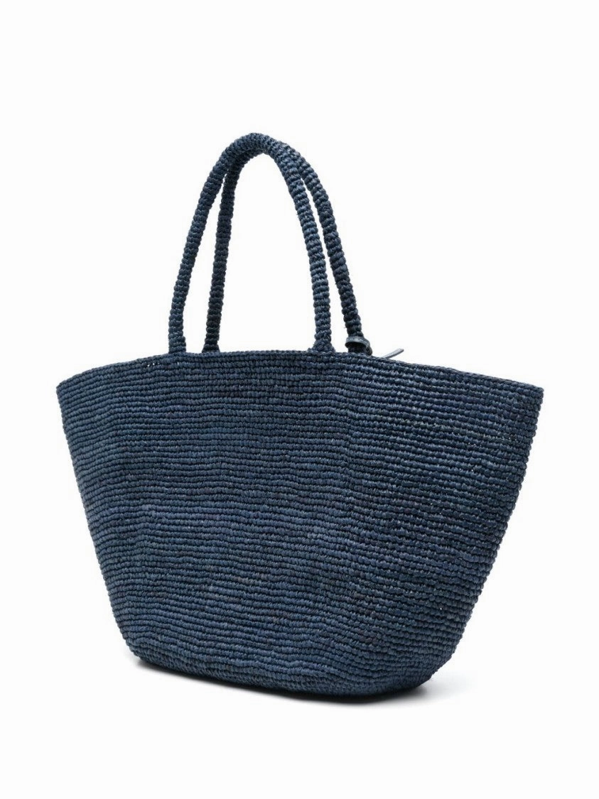Navy Blue Rafia Bag With Rolled Handles