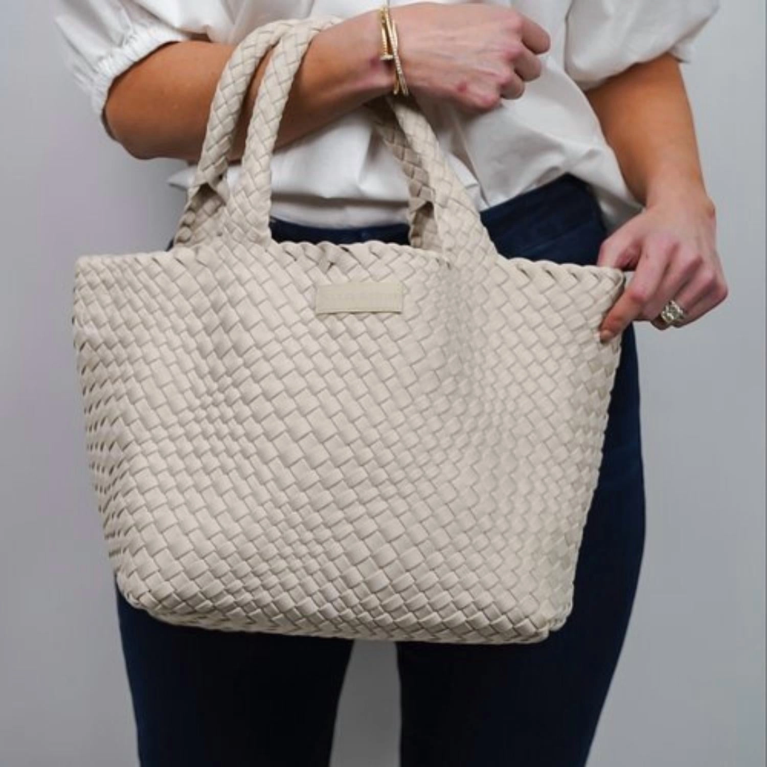 Neoprene Woven Handbag In Bone