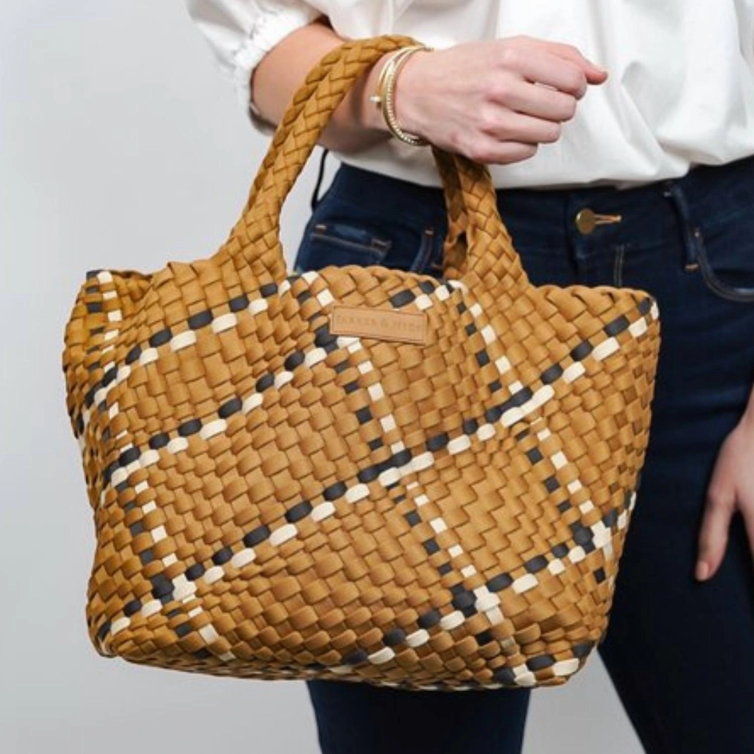 Neoprene Woven Handbag In Camel/black