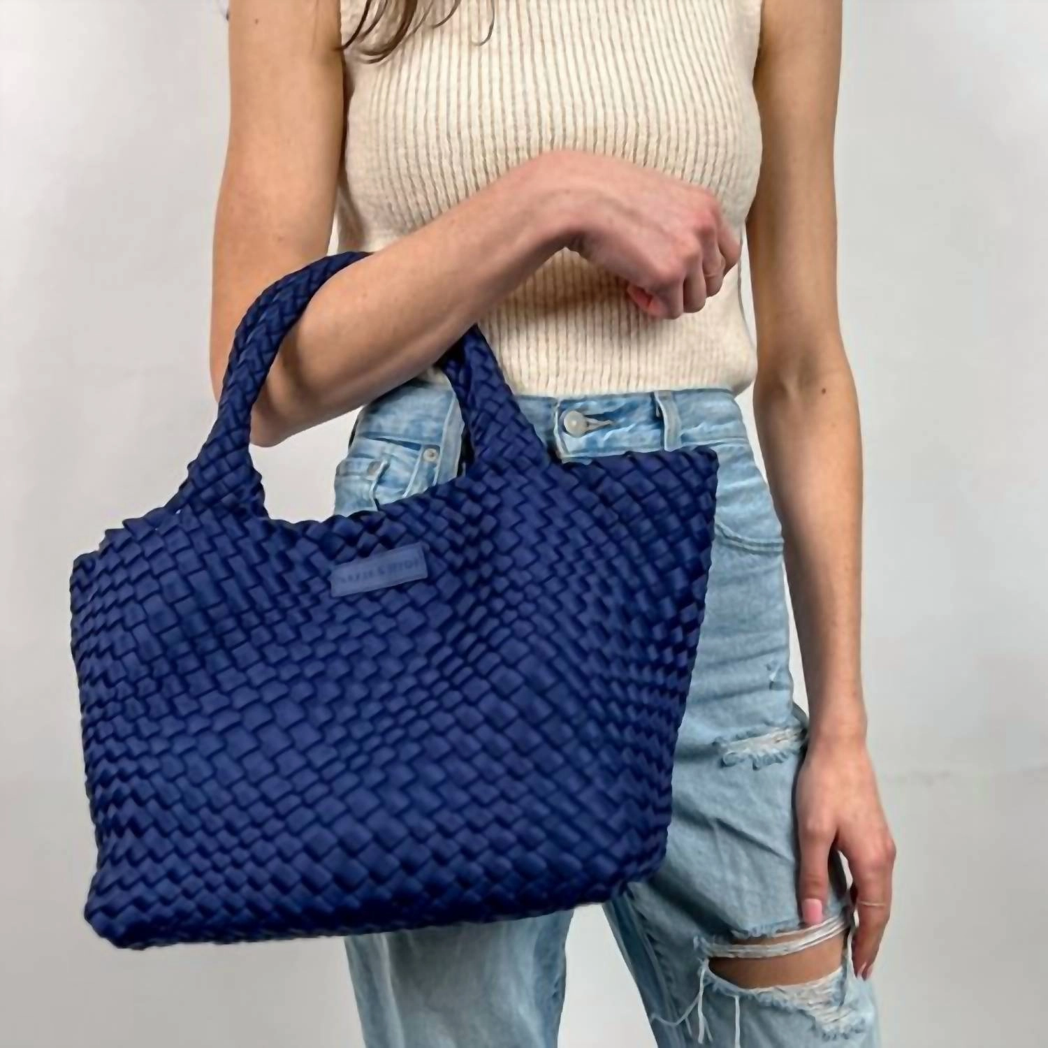 Neoprene Woven Handbag In Navy