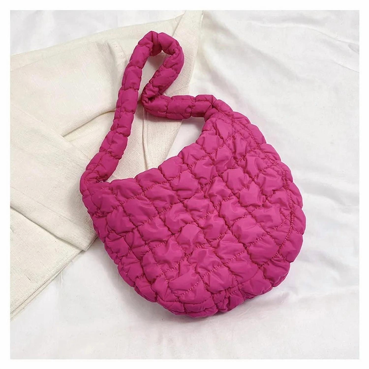 Nylon Puffer Solid Color Purse Tote Handbag Slouch Bag In Hot Pink