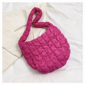 Nylon Puffer Solid Color Purse Tote Handbag Slouch Bag In Hot Pink