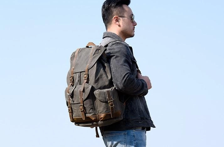 Oil Wax Canvas Mens Cool Backpack Large Canvas Travel Backpack Hiking Backpack for Men