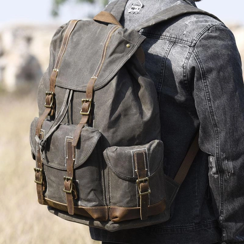 Oil Wax Canvas Mens Cool Backpack Large Canvas Travel Backpack Hiking Backpack for Men