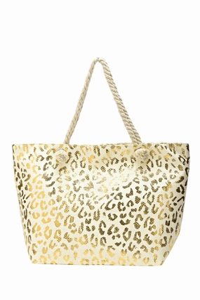 On The Wild Side Leopard Print Beach Tote In Natural / Gold