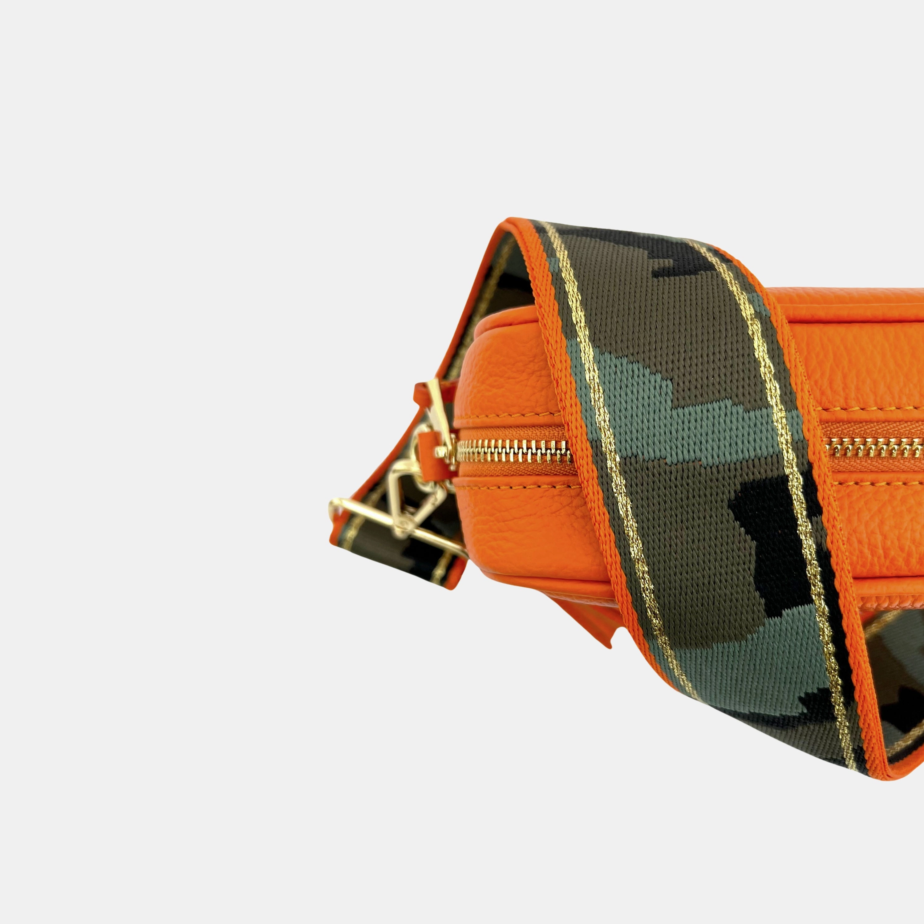 Orange Leather Crossbody Bag With Orange & Gold Stripe Camo Strap