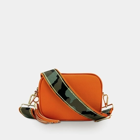 Orange Leather Crossbody Bag With Orange & Gold Stripe Camo Strap