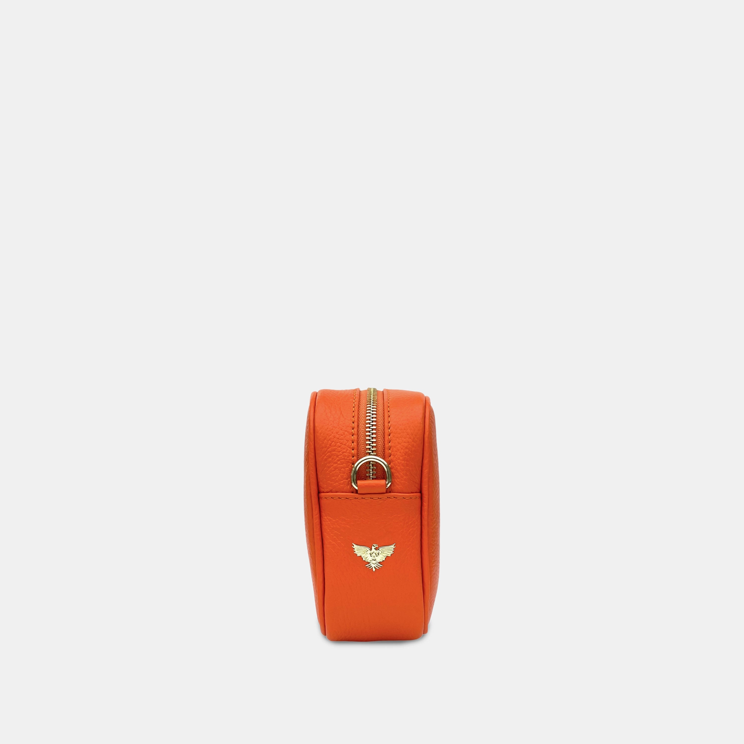 Orange Leather Crossbody Bag With Orange & Gold Stripe Camo Strap