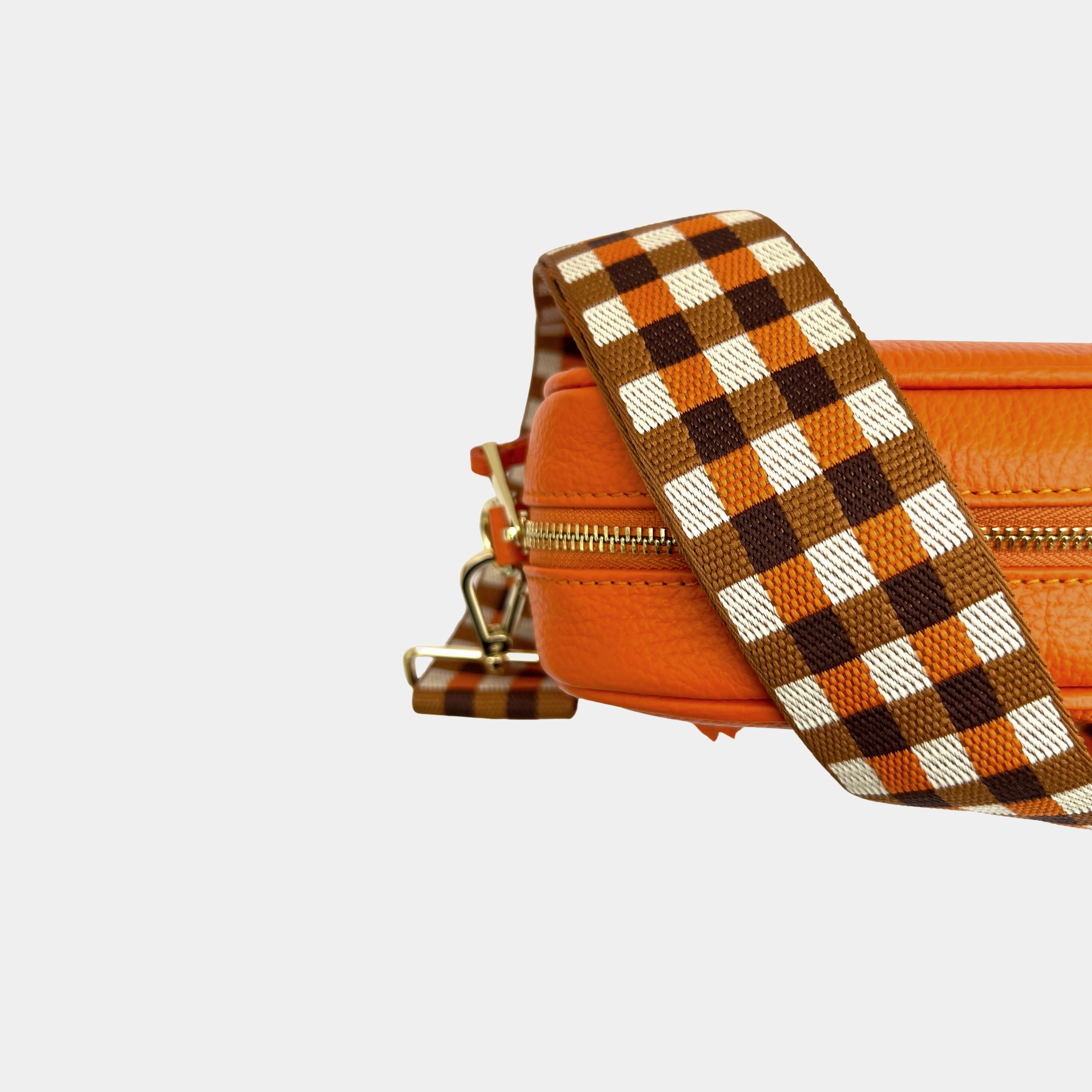 Orange Leather Crossbody Bag With Orange & Tan Checks Strap