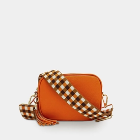 Orange Leather Crossbody Bag With Orange & Tan Checks Strap