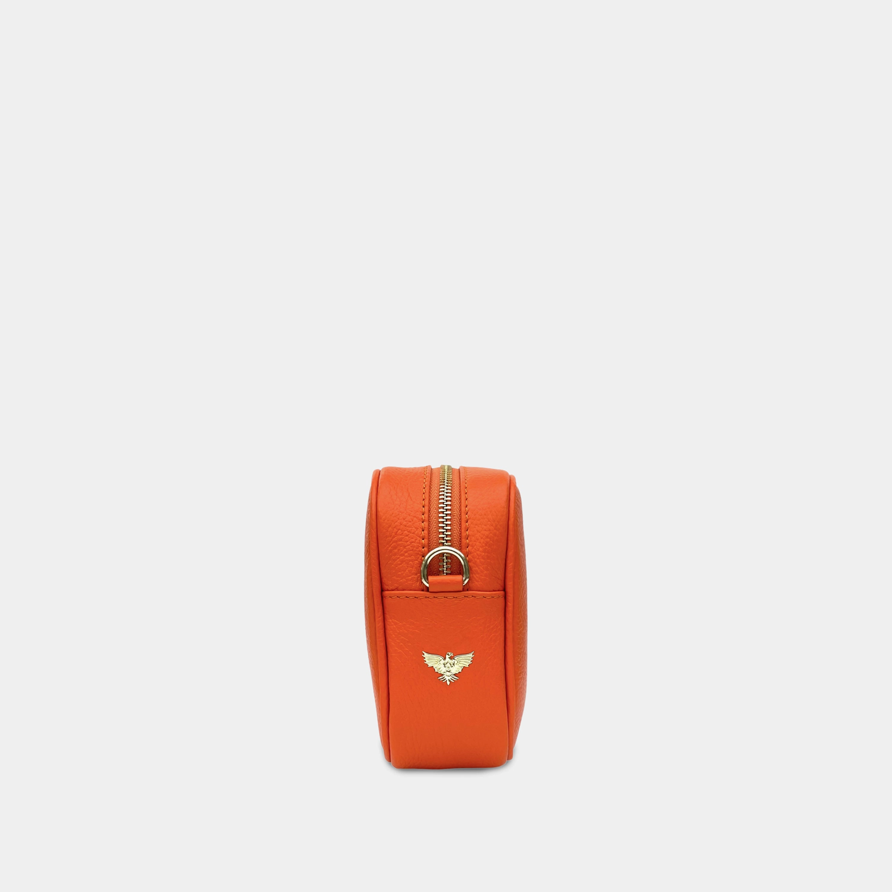 Orange Leather Crossbody Bag With Orange & Tan Checks Strap