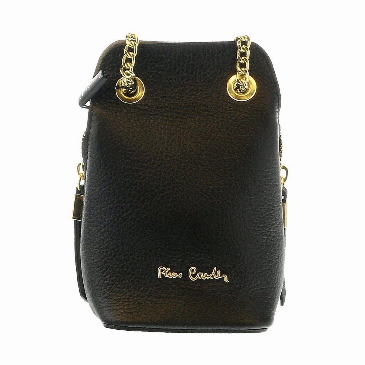 Pierre Cardin Black Leather Curved Structured Chain Crossbody Bag for womens