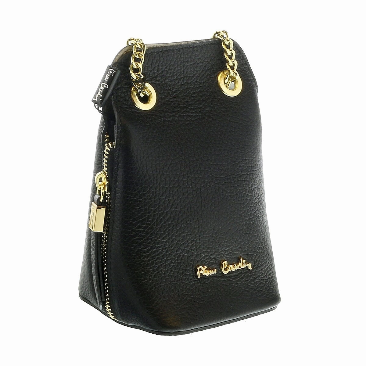 Pierre Cardin Black Leather Curved Structured Chain Crossbody Bag for womens