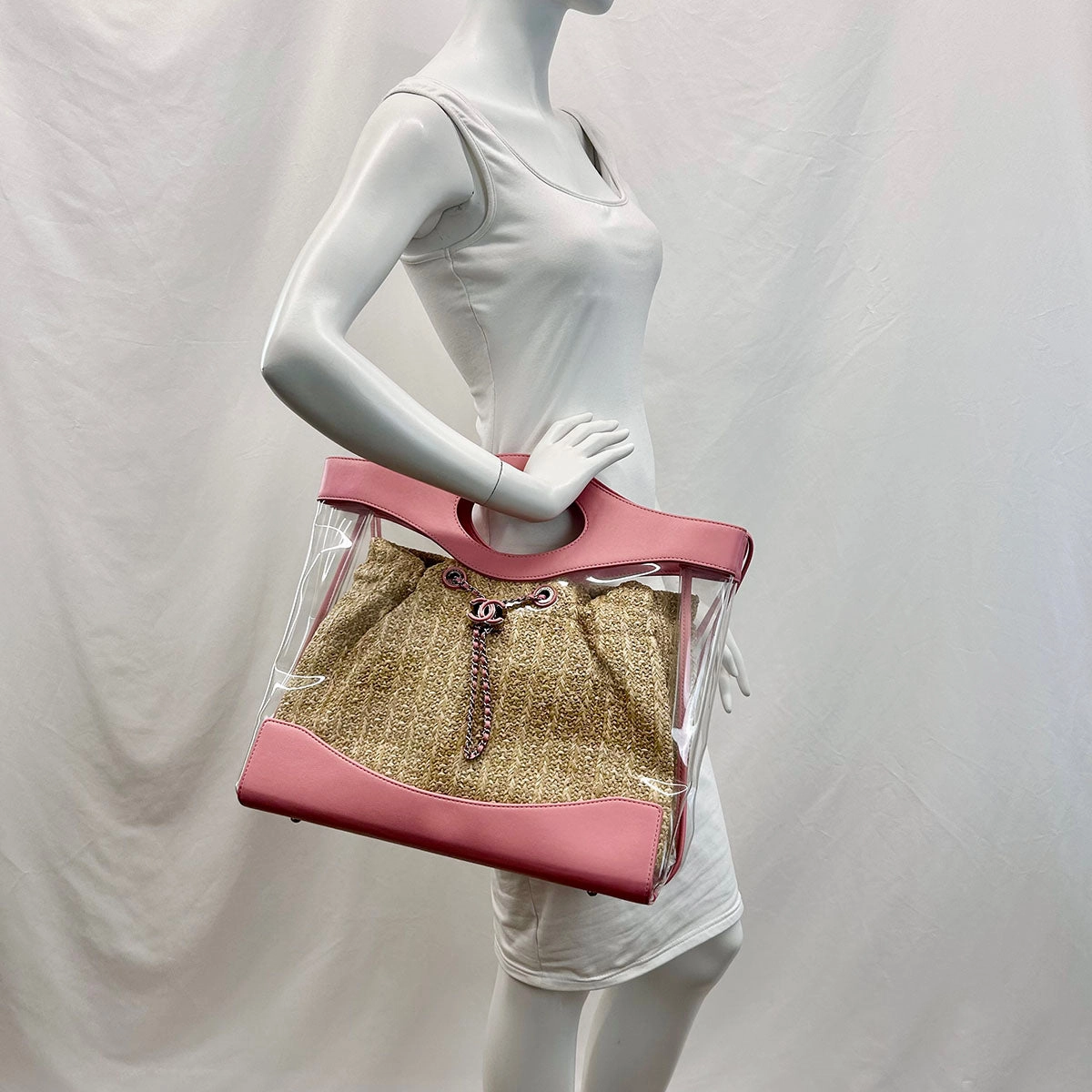 Pink/Clear Chanel 31 PVC/Leather/Quilted Raffia Shopping Tote