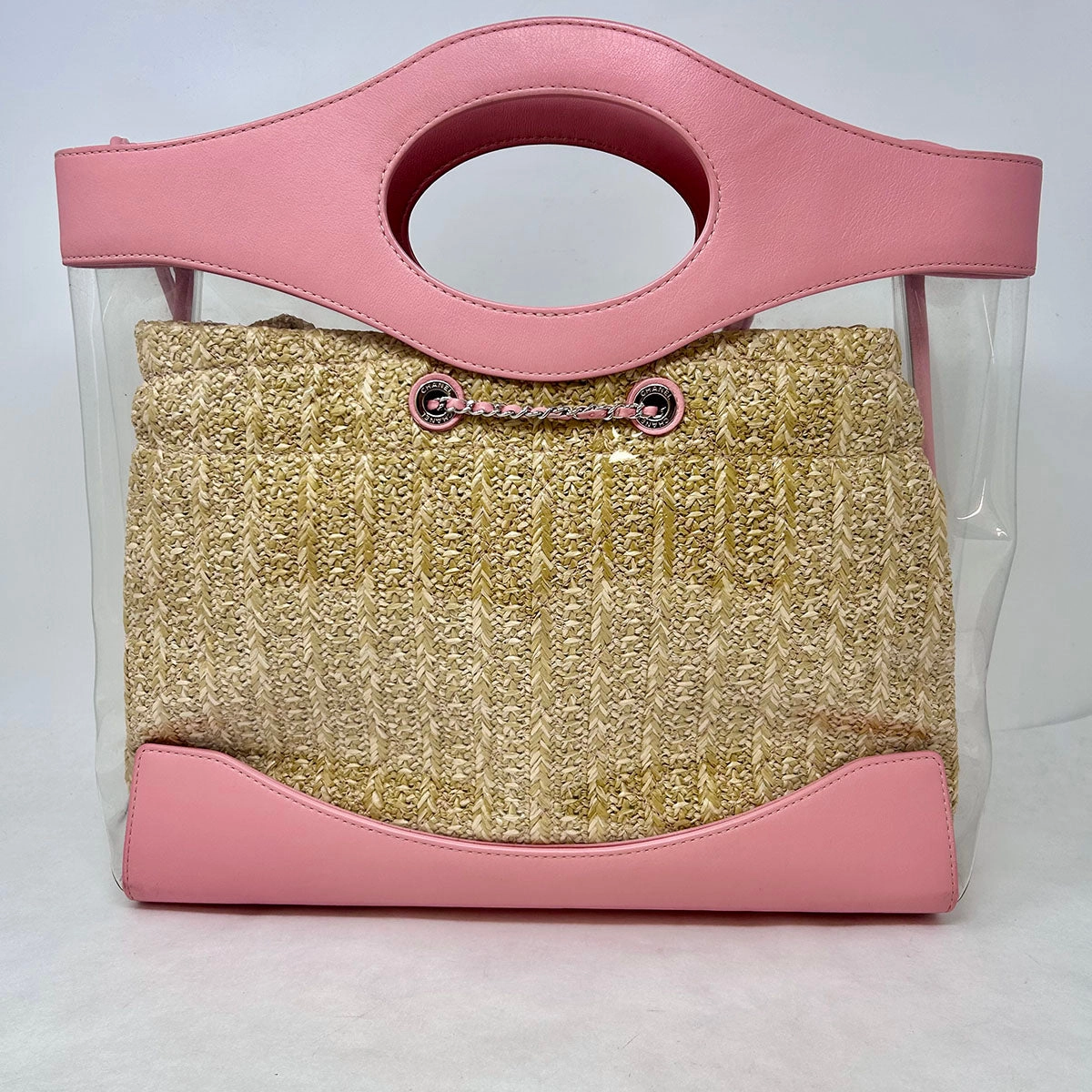 Pink/Clear Chanel 31 PVC/Leather/Quilted Raffia Shopping Tote