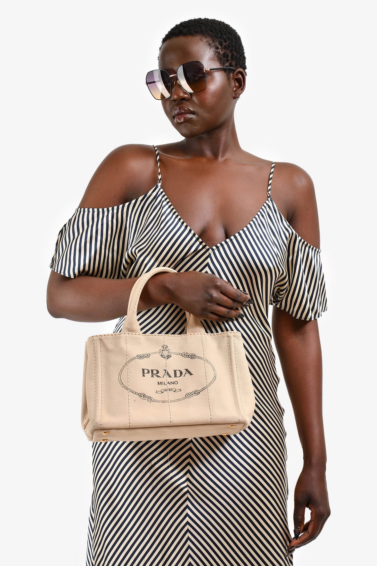 Prada Beige/Black Canvas Small Canapa Top Handle Bag with Strap