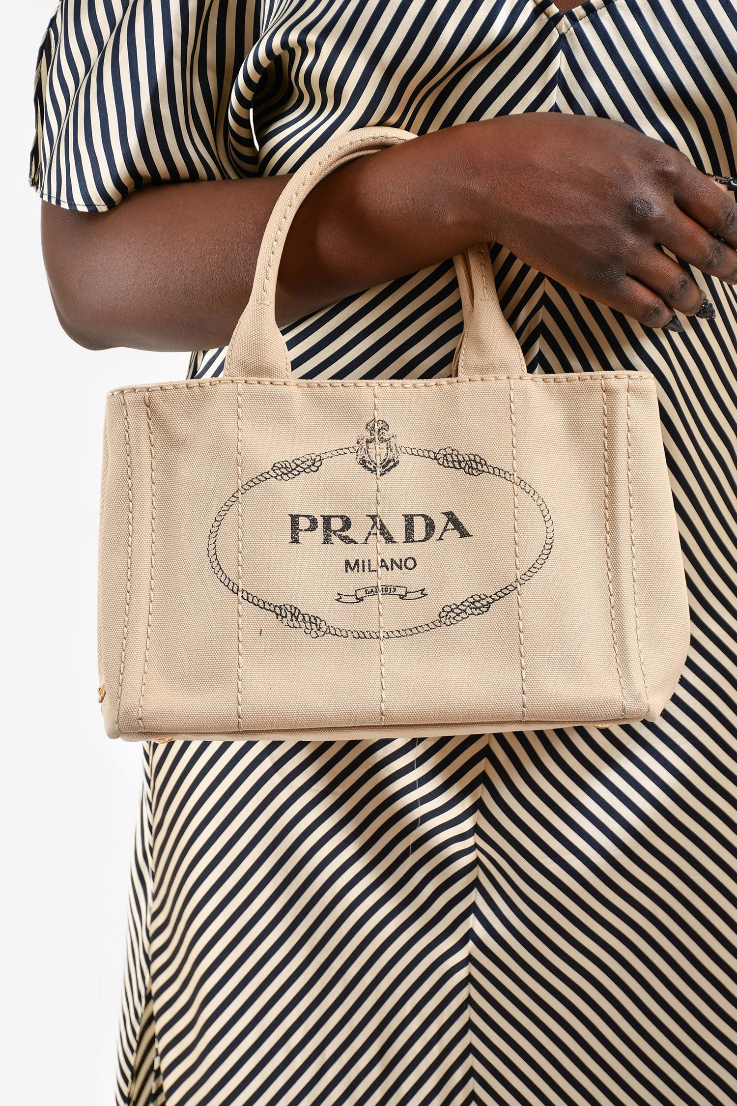 Prada Beige/Black Canvas Small Canapa Top Handle Bag with Strap