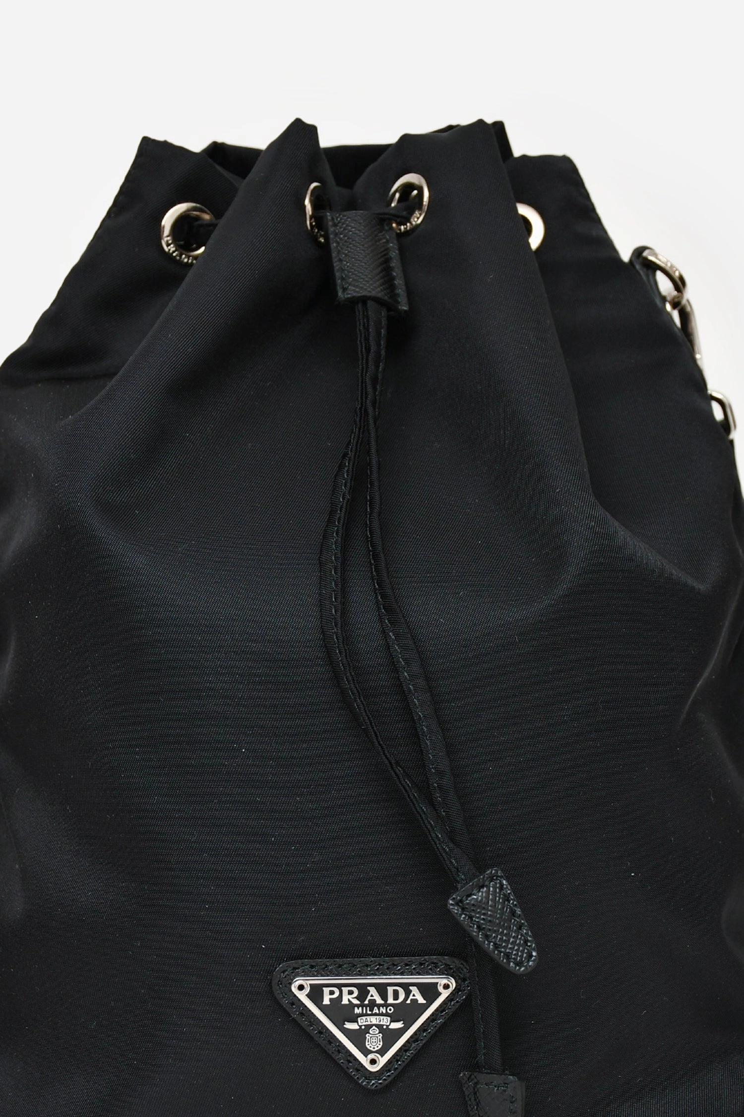 Prada Black Nylon Vela Logo Drawstring Bucket Pouch