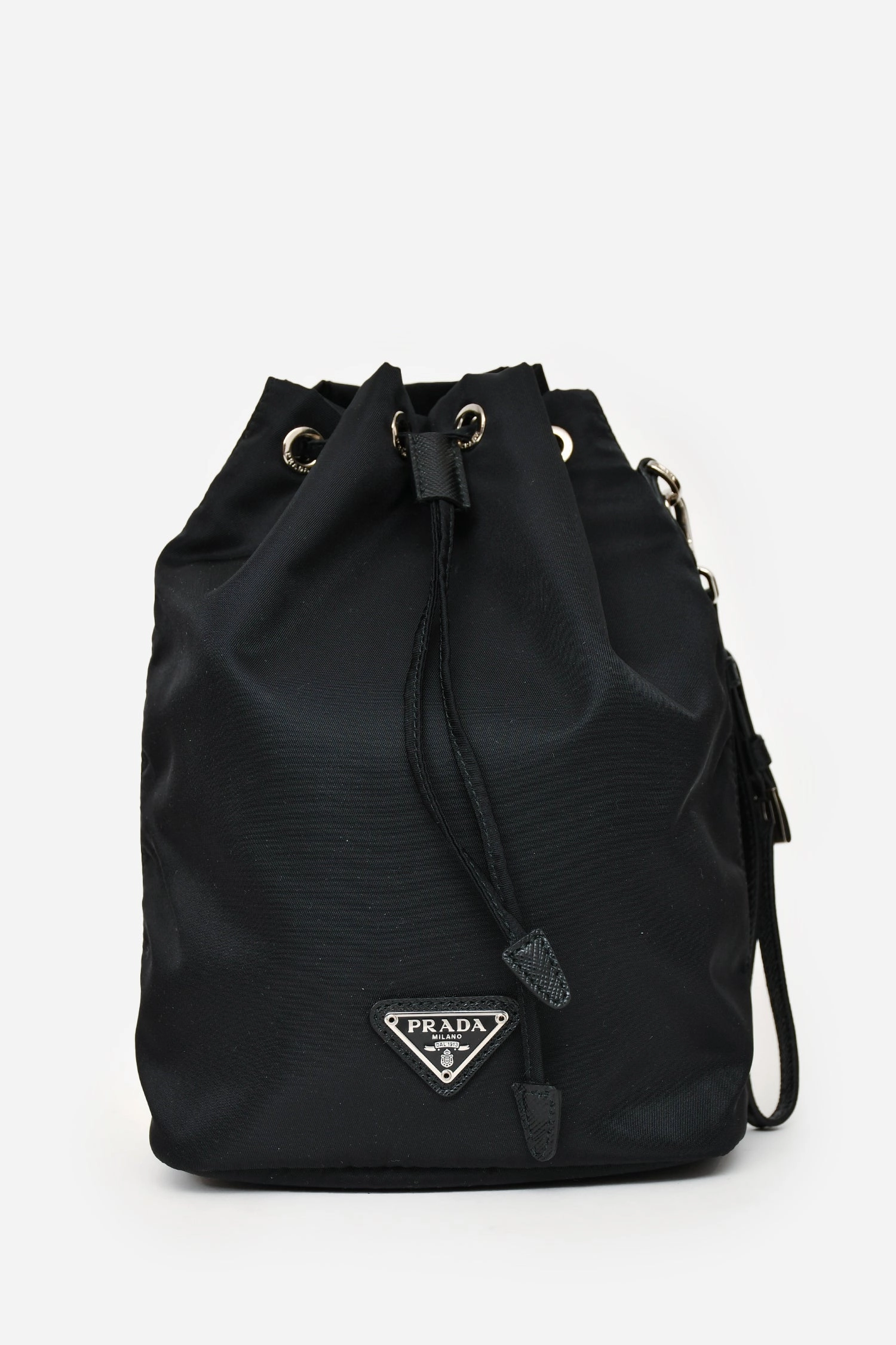 Prada Black Nylon Vela Logo Drawstring Bucket Pouch
