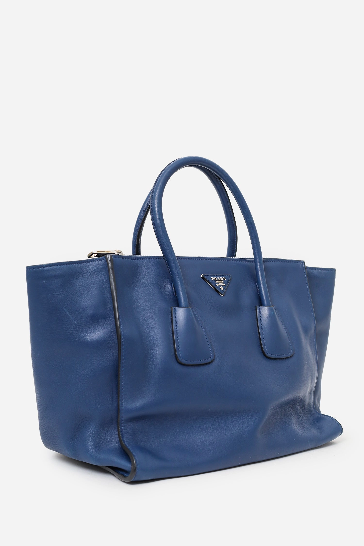 Prada Navy City Calf Small Twin Pocket Tote with Strap