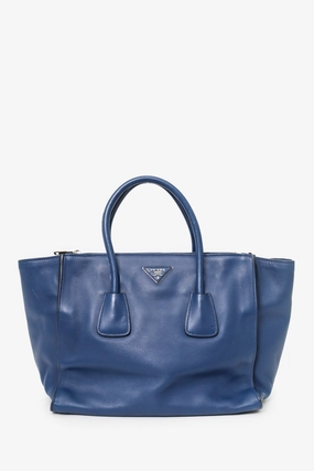 Prada Navy City Calf Small Twin Pocket Tote with Strap