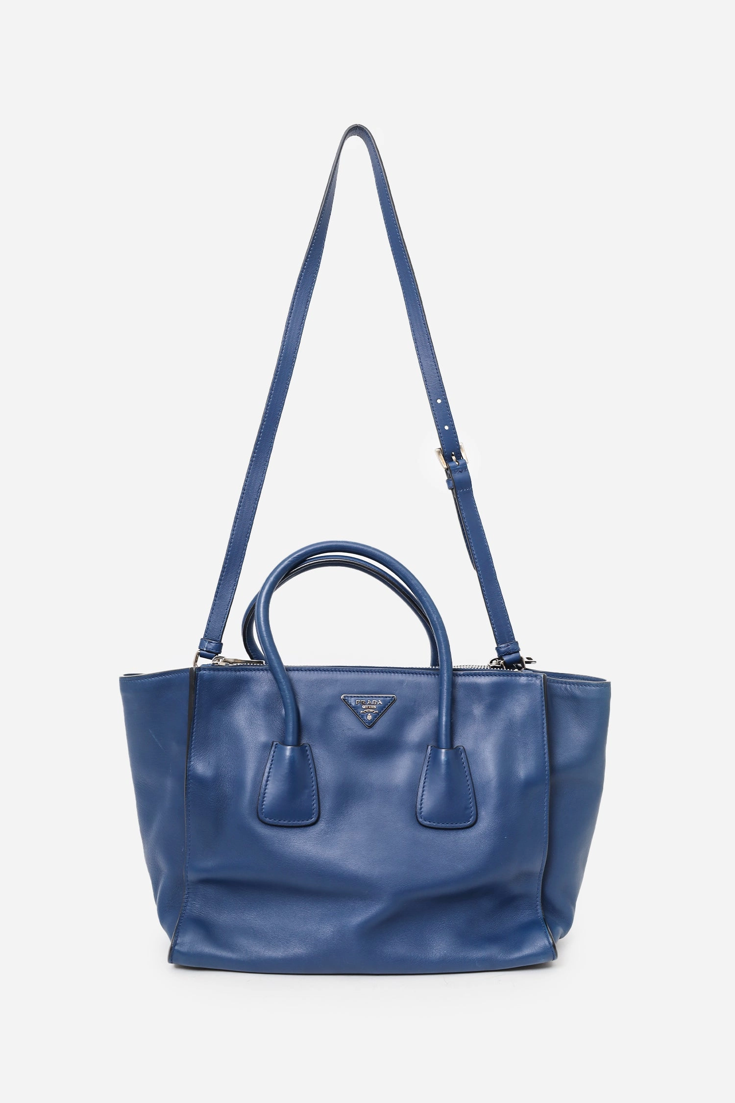 Prada Navy City Calf Small Twin Pocket Tote with Strap