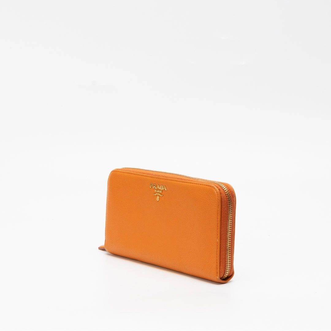 Prada Orange Pebbled Leather Zip Around Wallet