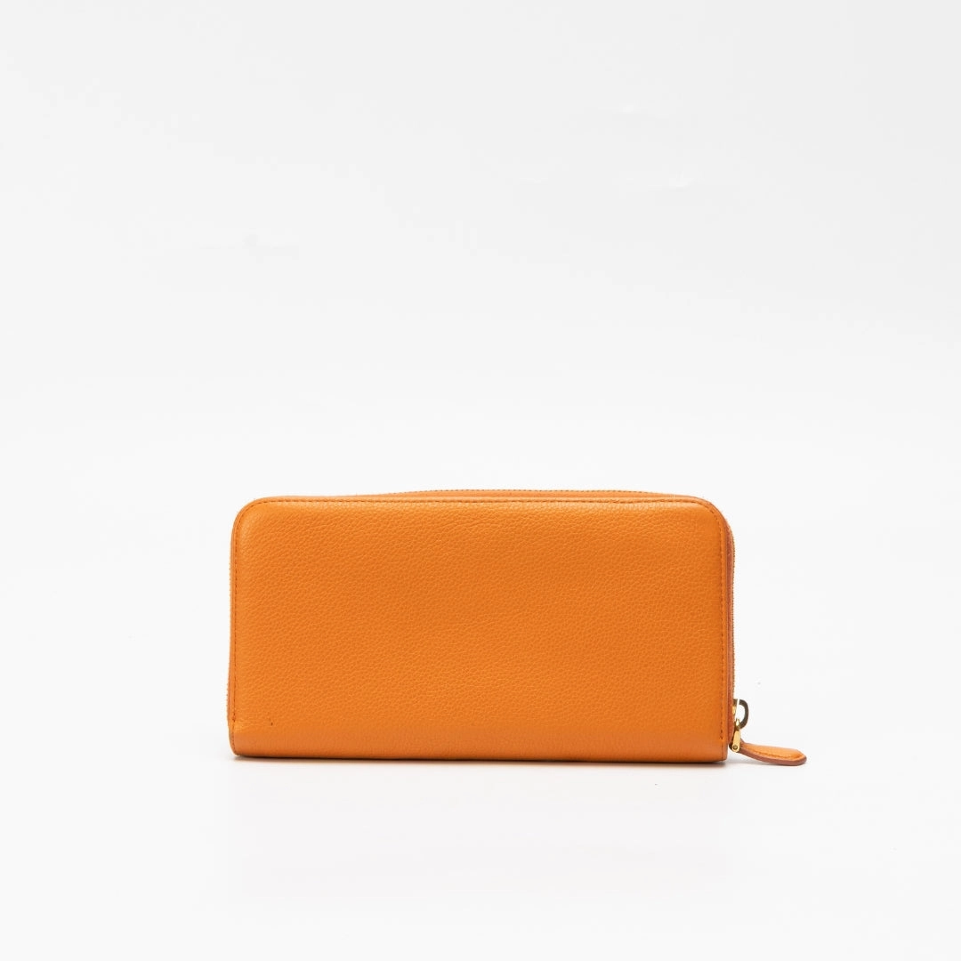 Prada Orange Pebbled Leather Zip Around Wallet