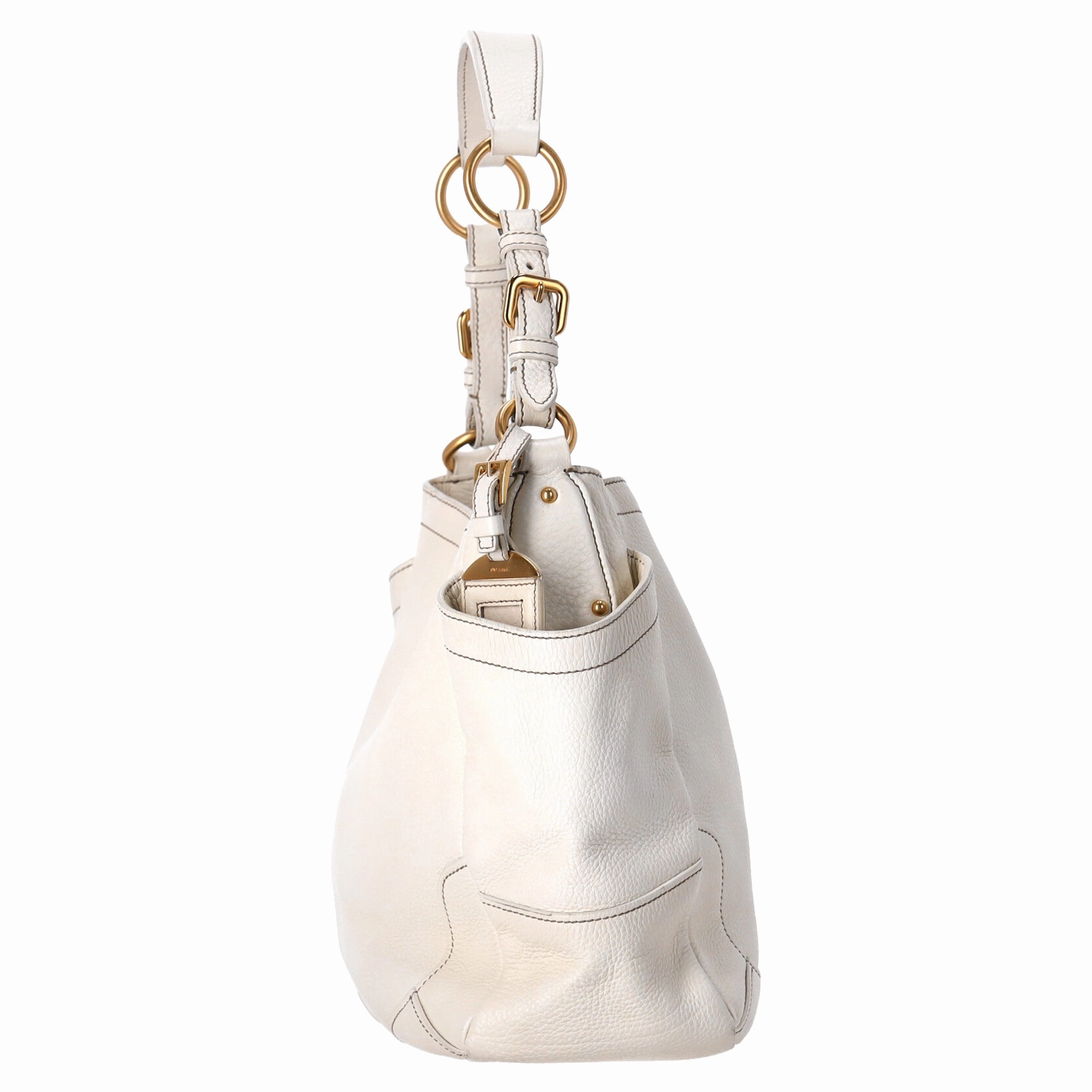 Prada Vitello Daino Side Pocket Hobo Bag in White Leather