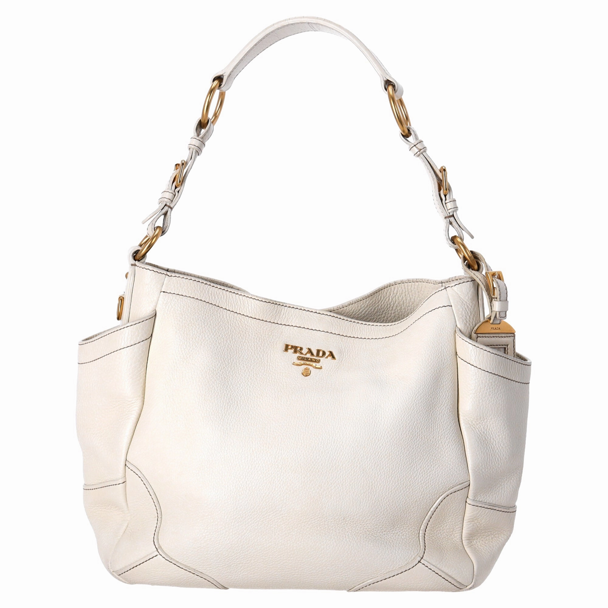 Prada Vitello Daino Side Pocket Hobo Bag in White Leather