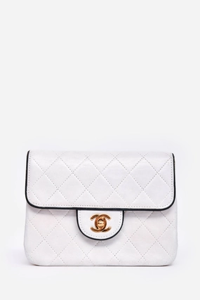 Pre-Loved Chanel 1989-91 White/Black Lambskin Leather Mini Square Flap Bag (Refurbished)