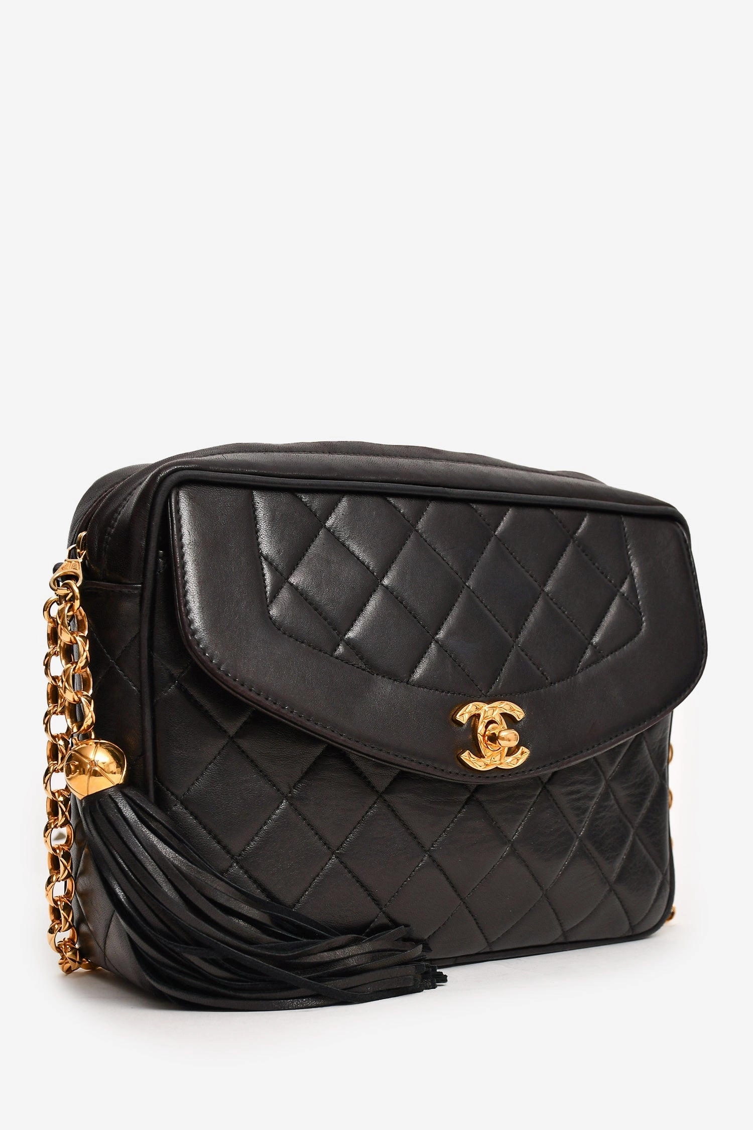 Pre-Loved Chanel 1991-4 Black Leather Quilted Turn Lock Camera Crossbody