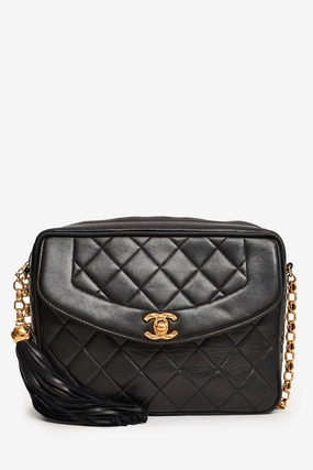 Pre-Loved Chanel 1991-4 Black Leather Quilted Turn Lock Camera Crossbody