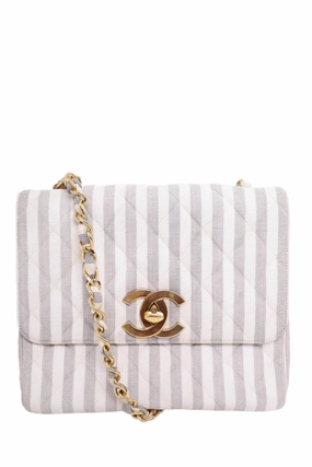 Pre-Loved Chanel 1994-96 Grey/White Striped Chain Shoulder Bag