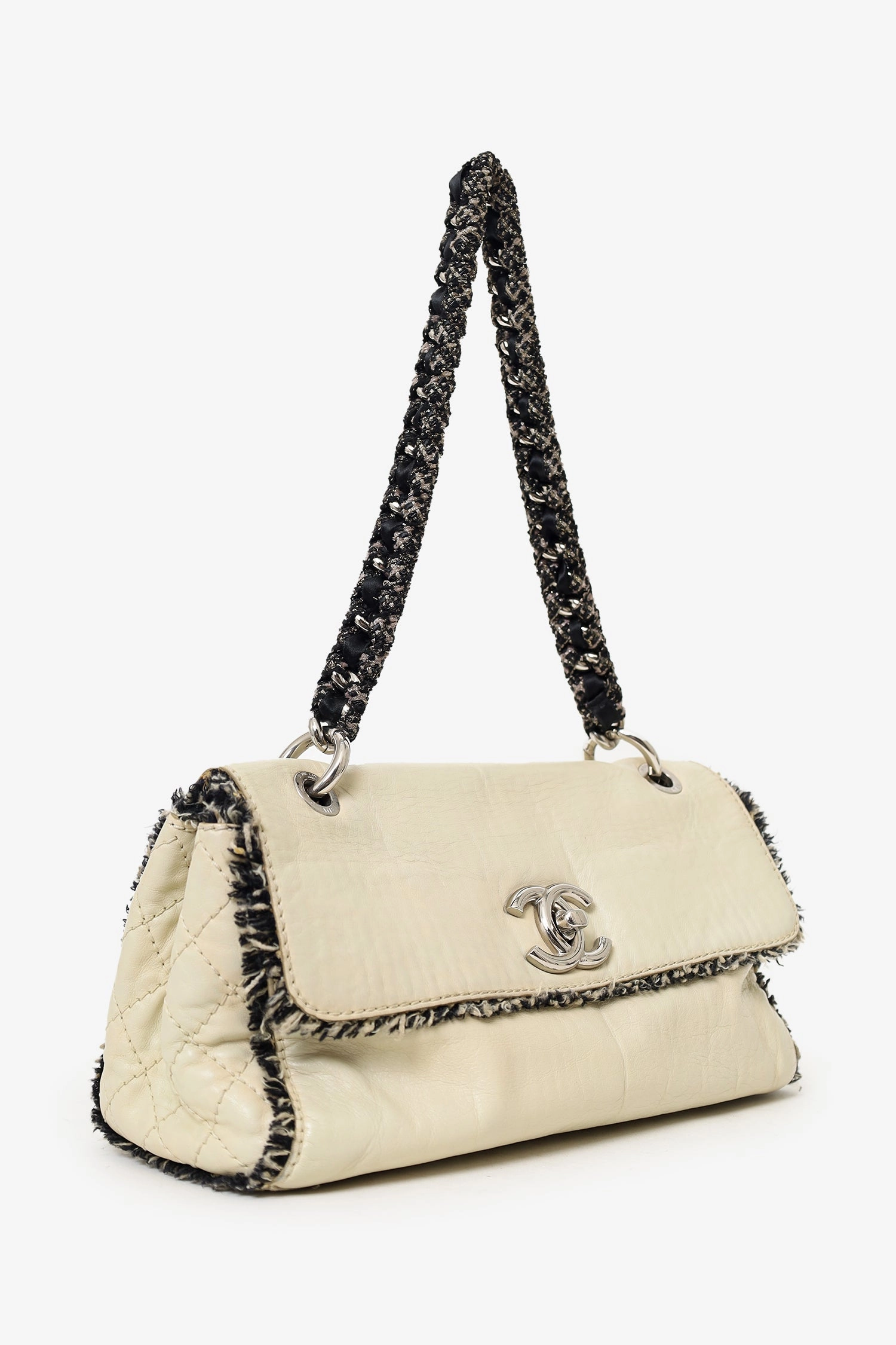 Pre-Loved Chanel 2009-10 White Lambskin/Tweed Medium Tweedy Flap Bag