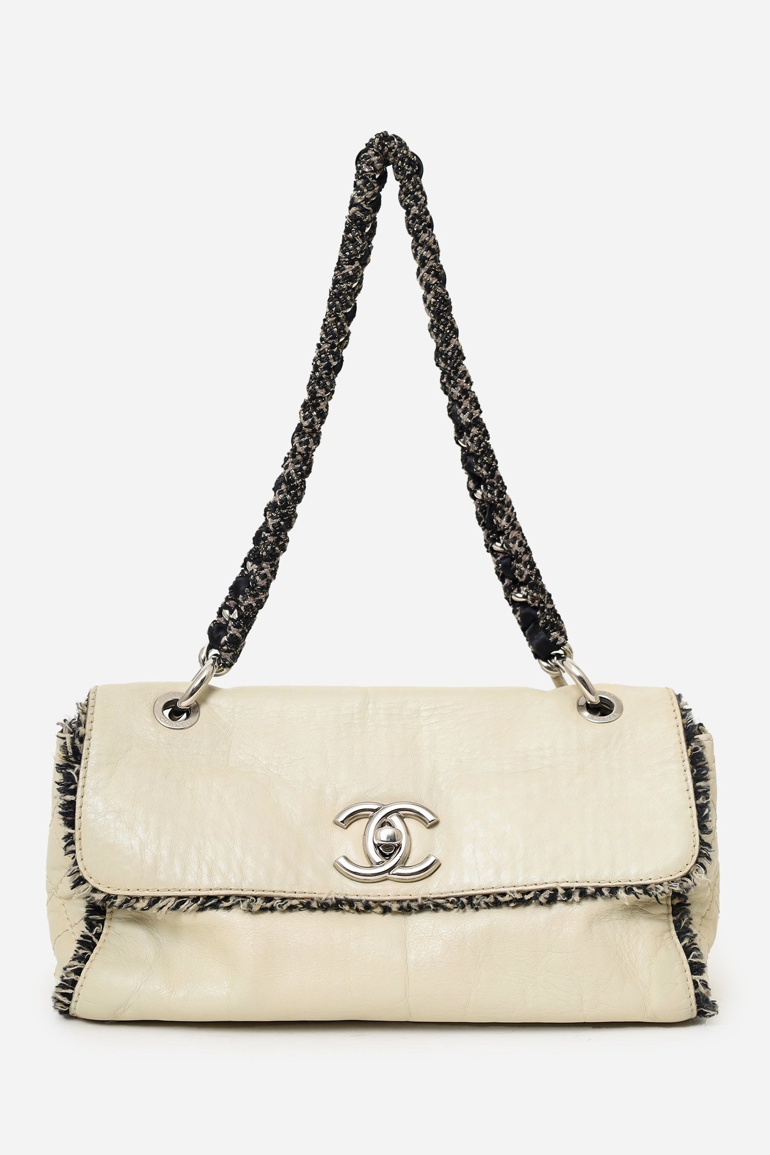 Pre-Loved Chanel 2009-10 White Lambskin/Tweed Medium Tweedy Flap Bag