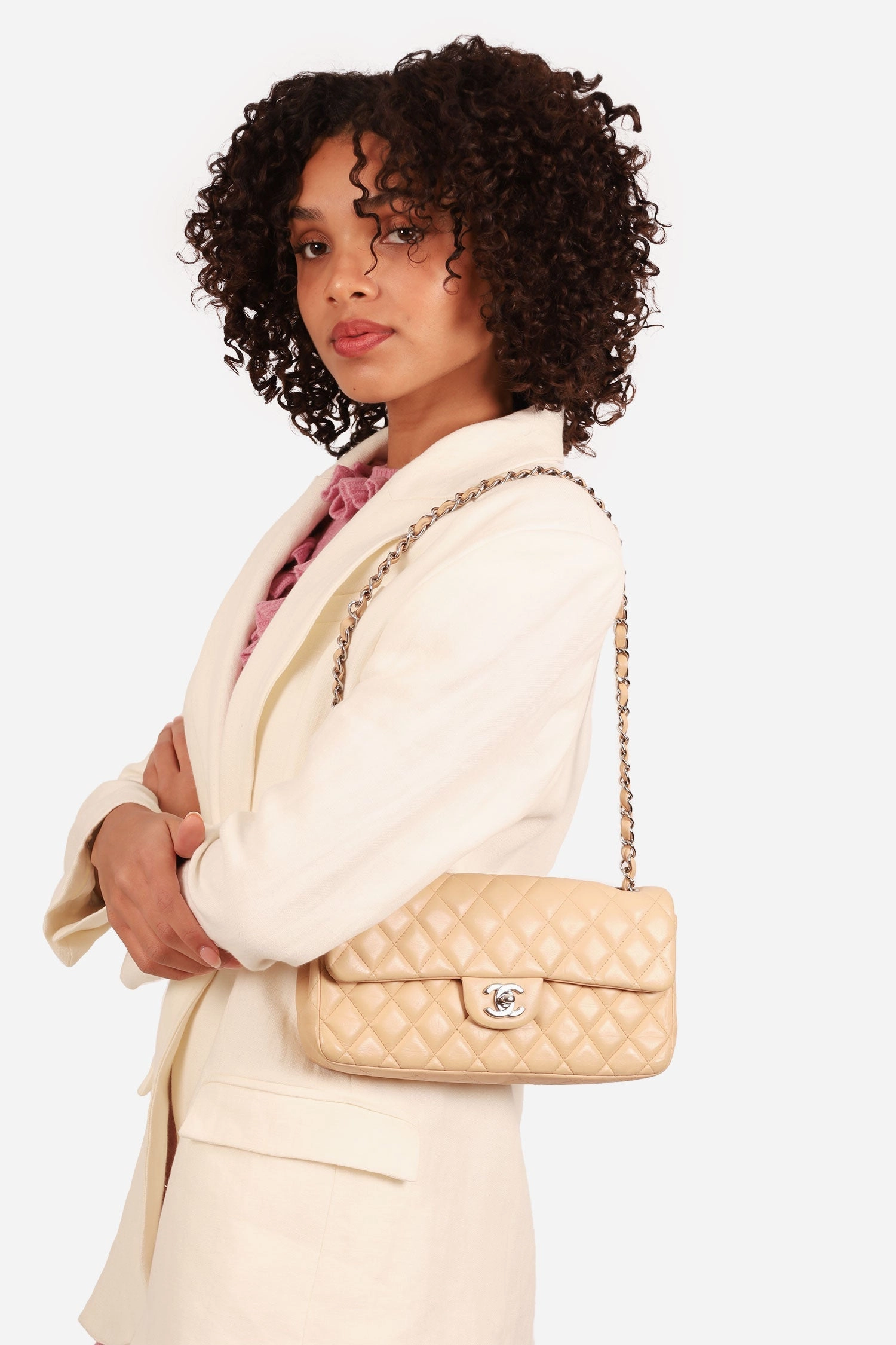 Pre-loved Chanel 2010-11 Beige Quilted Lambskin East/West Single Flap Bag