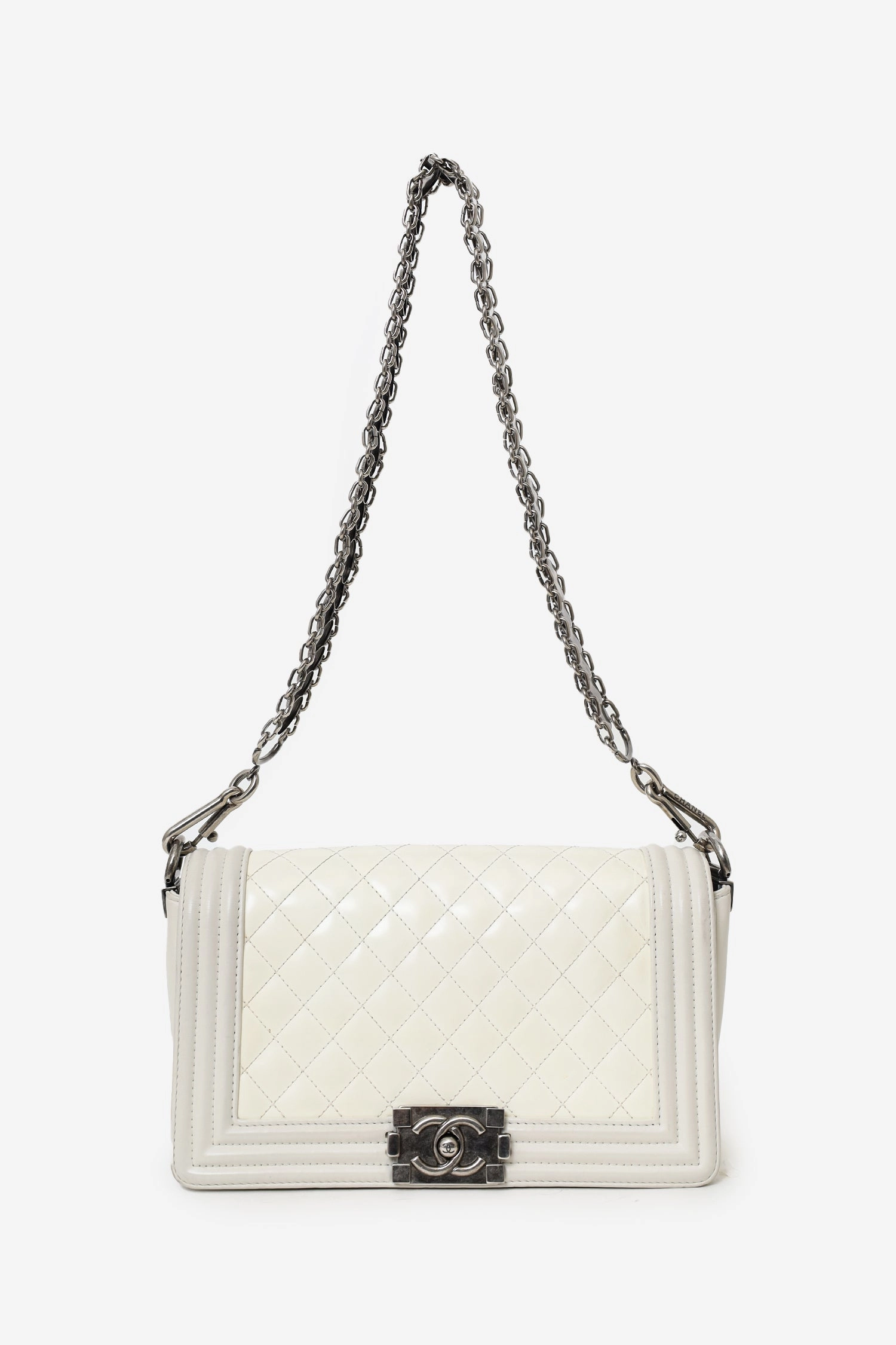 Pre-Loved Chanel 2012 Limited Edition White Leather Medium Boy Bag with Metal Strap