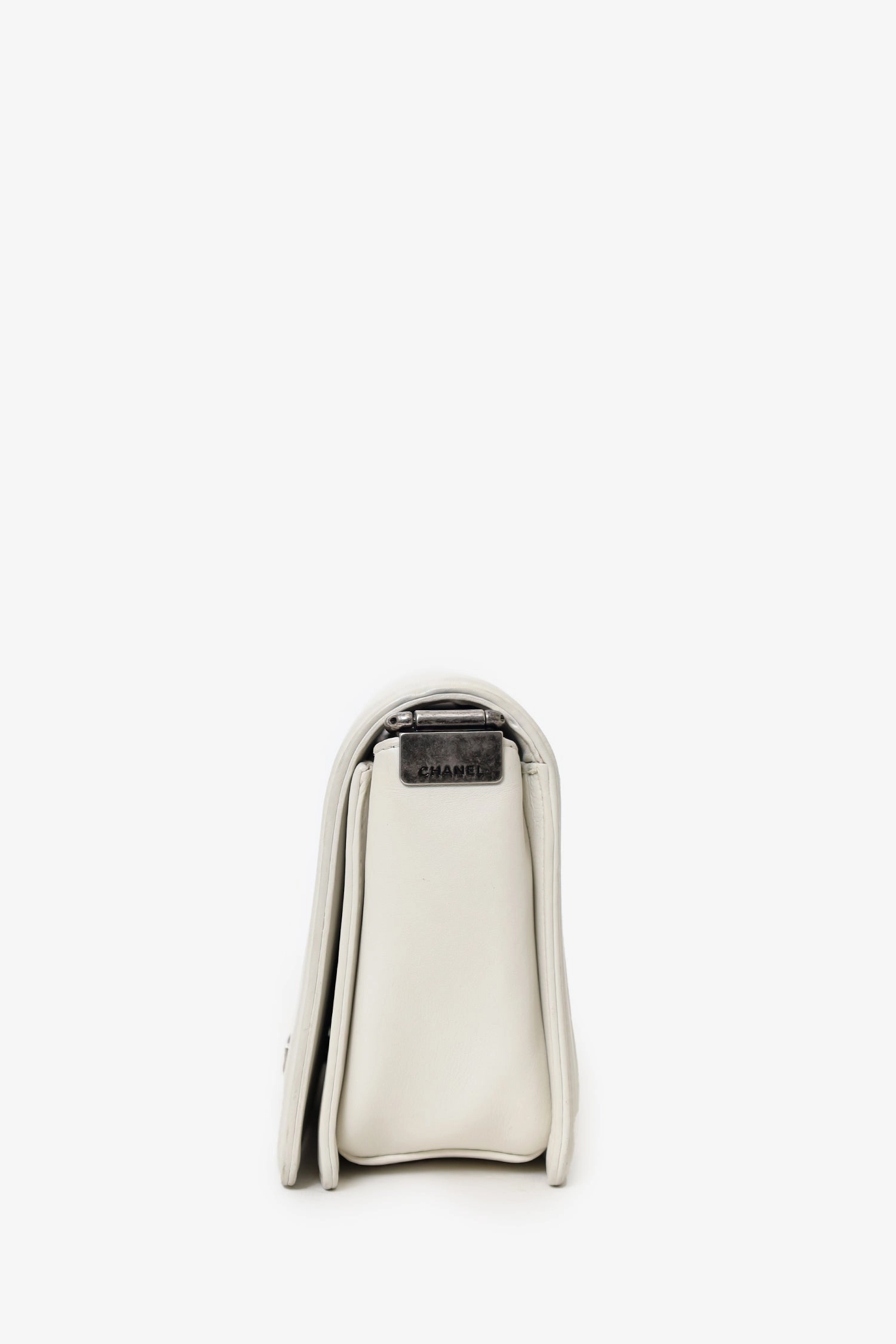 Pre-Loved Chanel 2012 Limited Edition White Leather Medium Boy Bag with Metal Strap