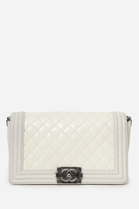 Pre-Loved Chanel 2012 Limited Edition White Leather Medium Boy Bag with Metal Strap