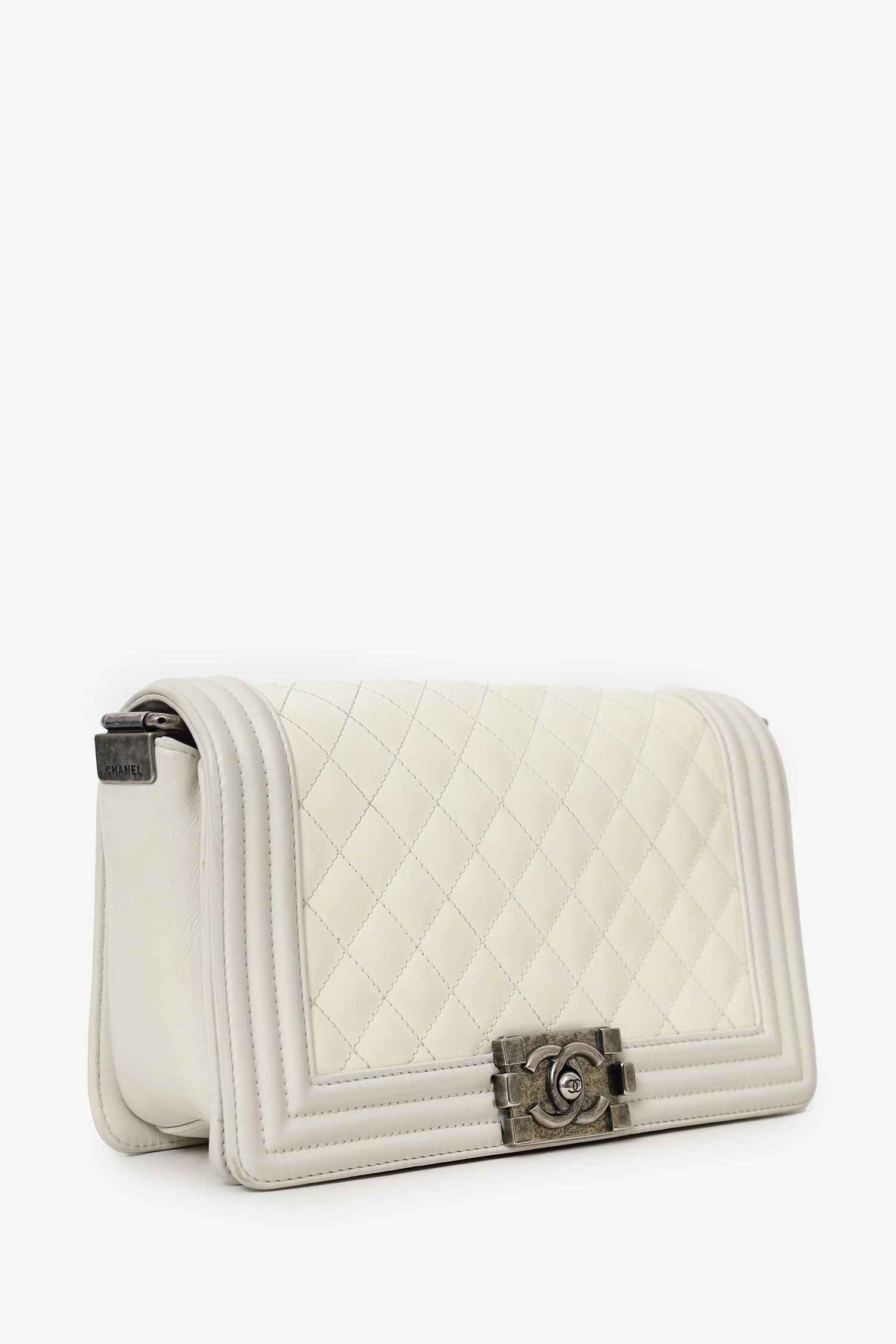 Pre-Loved Chanel 2012 Limited Edition White Leather Medium Boy Bag with Metal Strap