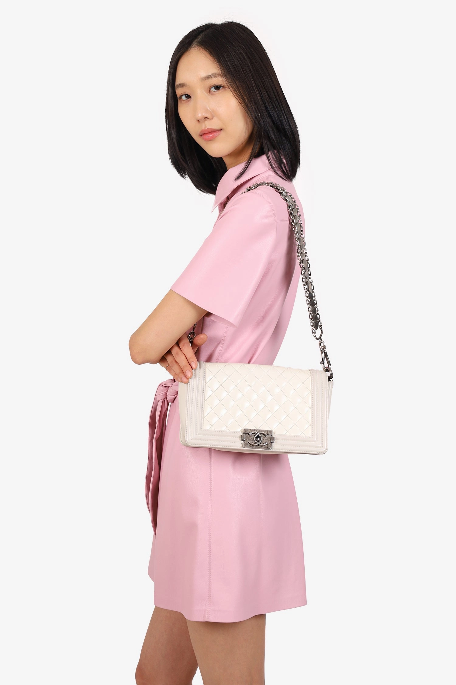 Pre-Loved Chanel 2012 Limited Edition White Leather Medium Boy Bag with Metal Strap