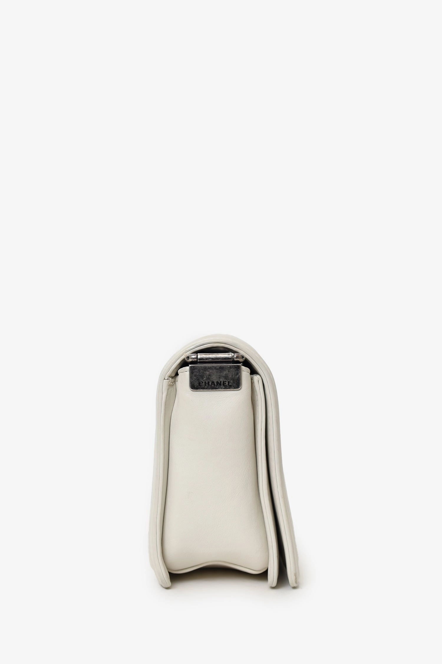 Pre-Loved Chanel 2012 Limited Edition White Leather Medium Boy Bag with Metal Strap